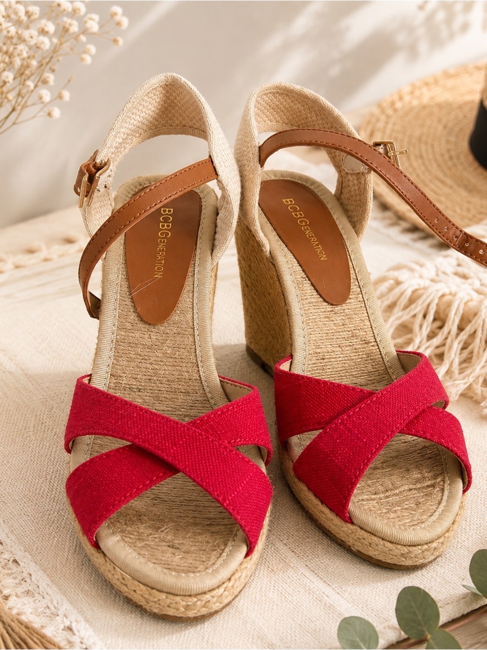 BCBGeneration Red and Tan Wedge Espadrille Sandals